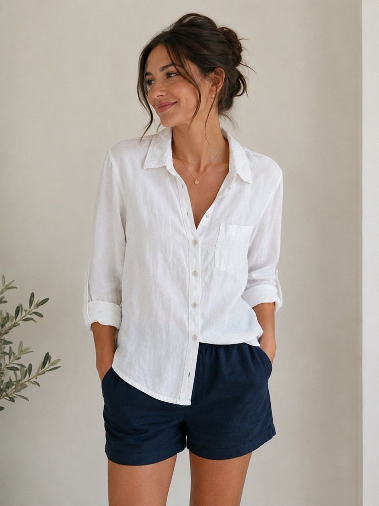 Eileen Fisher Button Down Shirt Womens Large White Linen Cotton Blend L #860