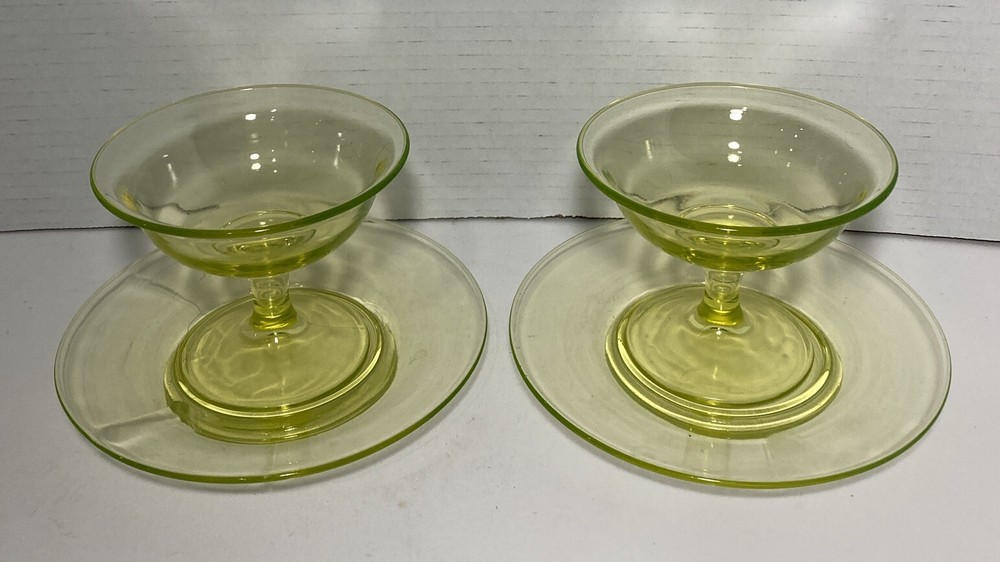 Vintage Green Uranium Depression Glass Sherbet Dish with Saucer