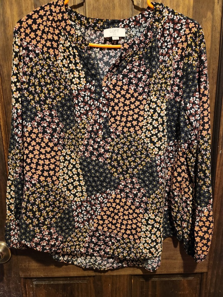 LOFT Petite Womens Large Black Floral Patchwork Blouse