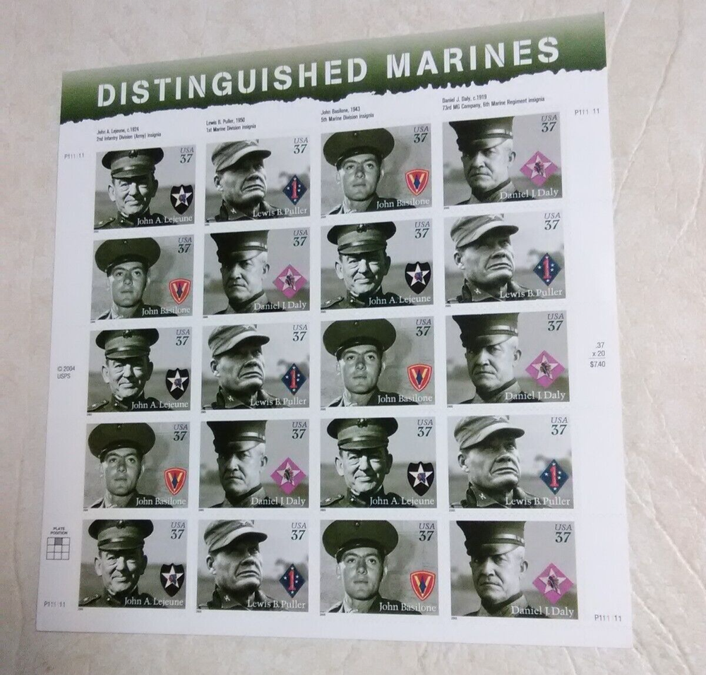 Distinguished Marines sheet of 20 Self-adhesive .37 cent stamps unused