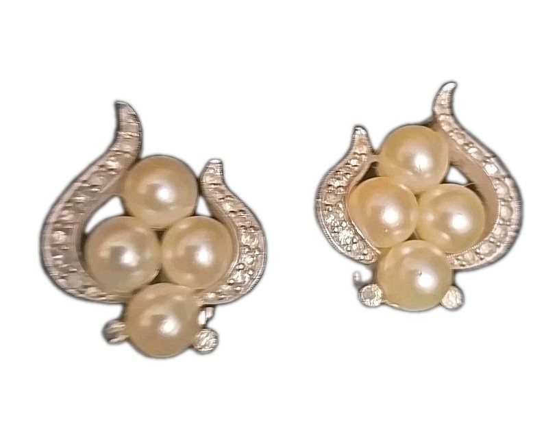 Vintage Joseph Mazer JOMAZ Cream Pearl Crystal Rhinestones Clip On Earrings 1”