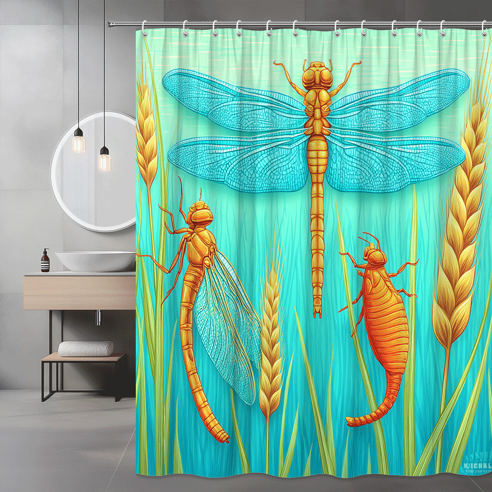 Dragonfly Shower Curtain Blue Orange Grass Print