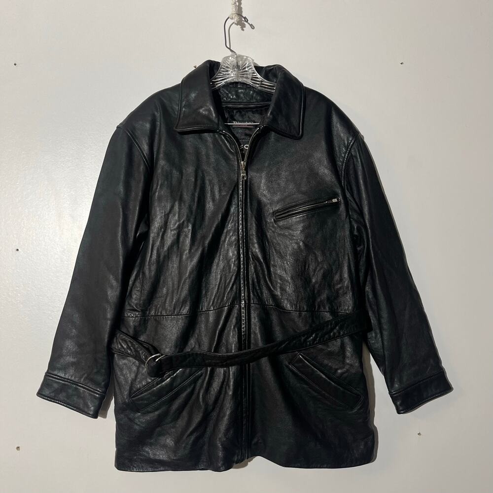 Wilson's Leather Thinsulate Black Belted Coat Jacket Collared Biker Mens Size XL