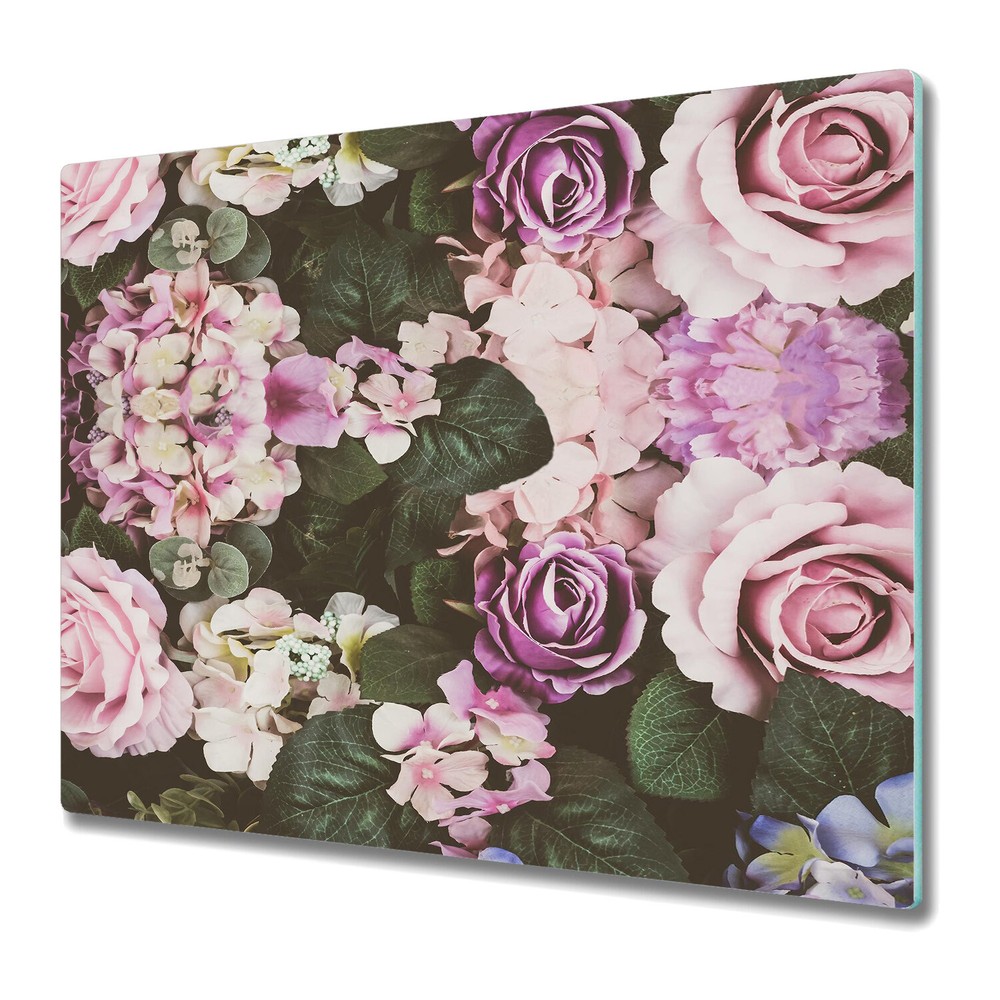 Serving Chopping Board Glass Cover Baroque romantic flowers pink and green 60x52