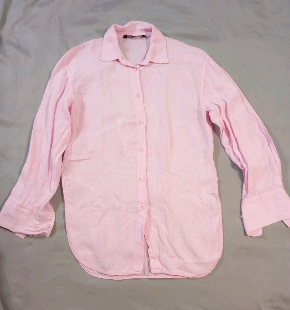 Zara Top Womens XS Extra Small Pink Linen Long Sleeve Button Up Blouse