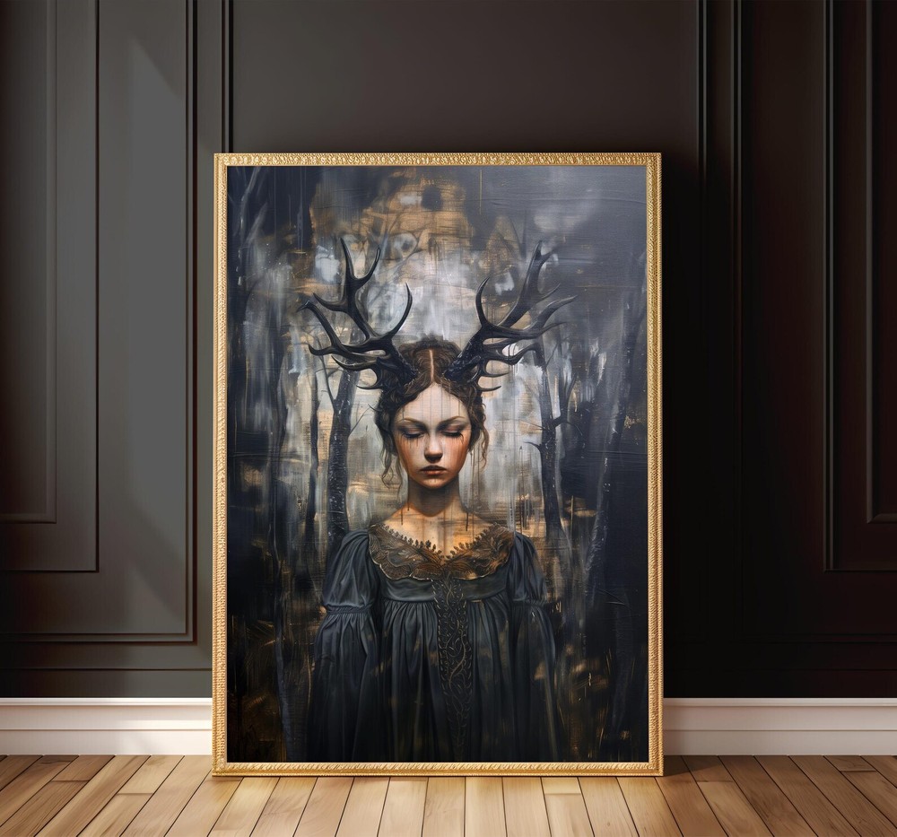 Gothic Forest Maiden Antlered Woman Dark Fantasy Wall Art Print  