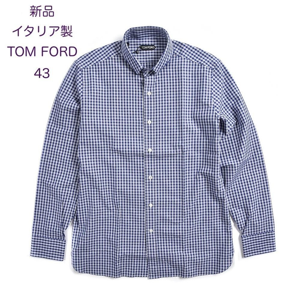 TOM FORD Checked Cotton Long Sleeve Shirt Blue/White Size 43