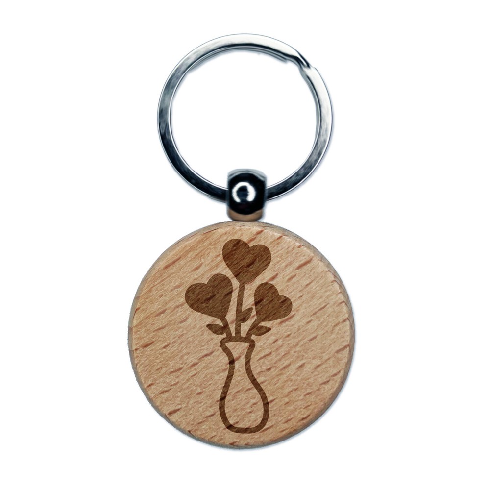 Valentines Day Wooden Heart Flower Vase Engraved Keychain Charm