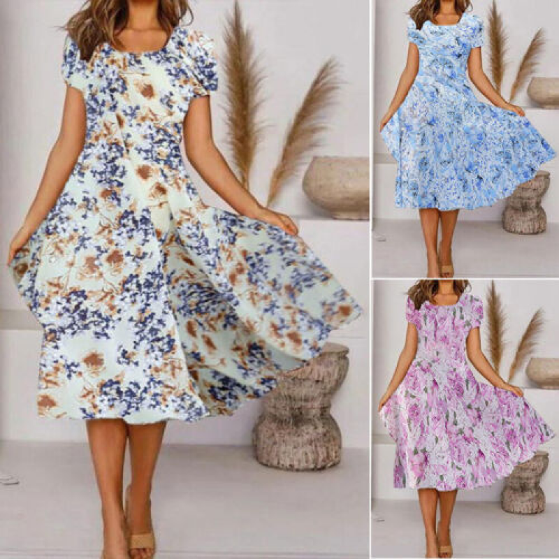 Plus Size Womens Boho Floral Midi Dress Ladies Short Sleeve A-Line Boho Sundress
