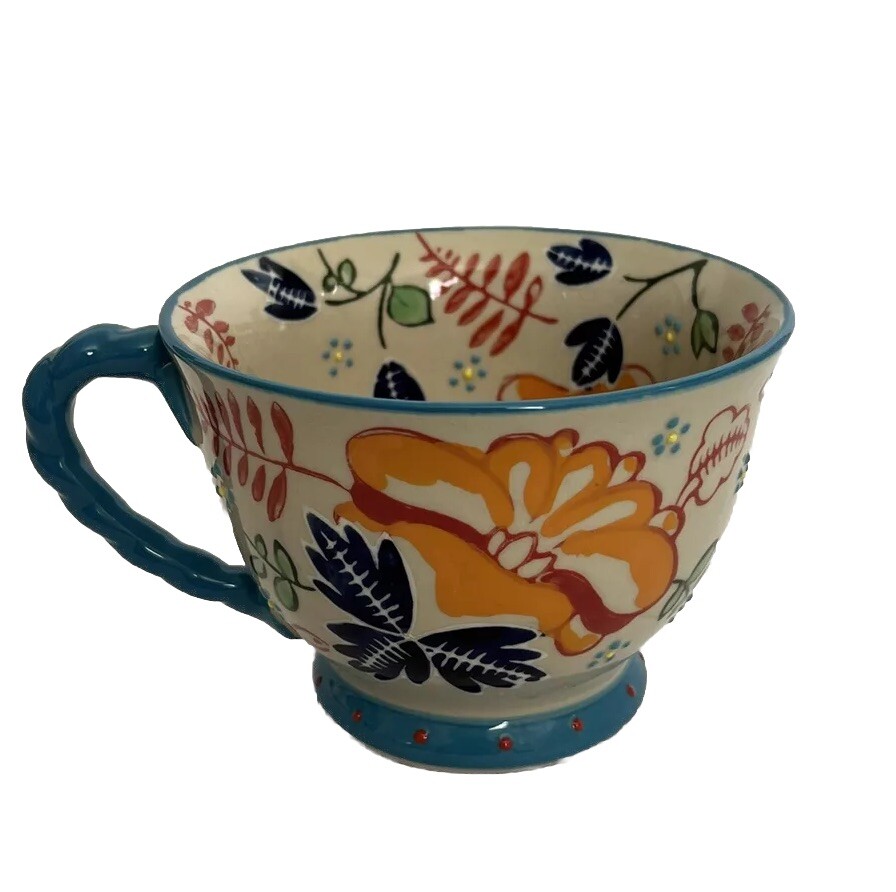 Yokohama Studio Mug Aqua Multicolor Flowers Hand Painted Raised Dots VGC