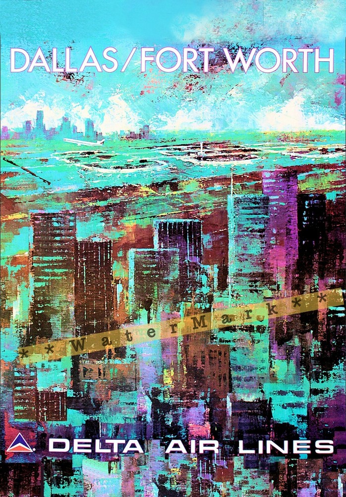 Dallas FT. Worth Texas Airline Travel Vintage Poster Print Wall Décor Cityscape