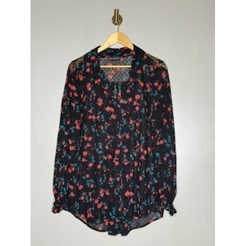 Lane Bryant Sheer Floral Blouse Swiss Dot Black Red Button Front 14/16