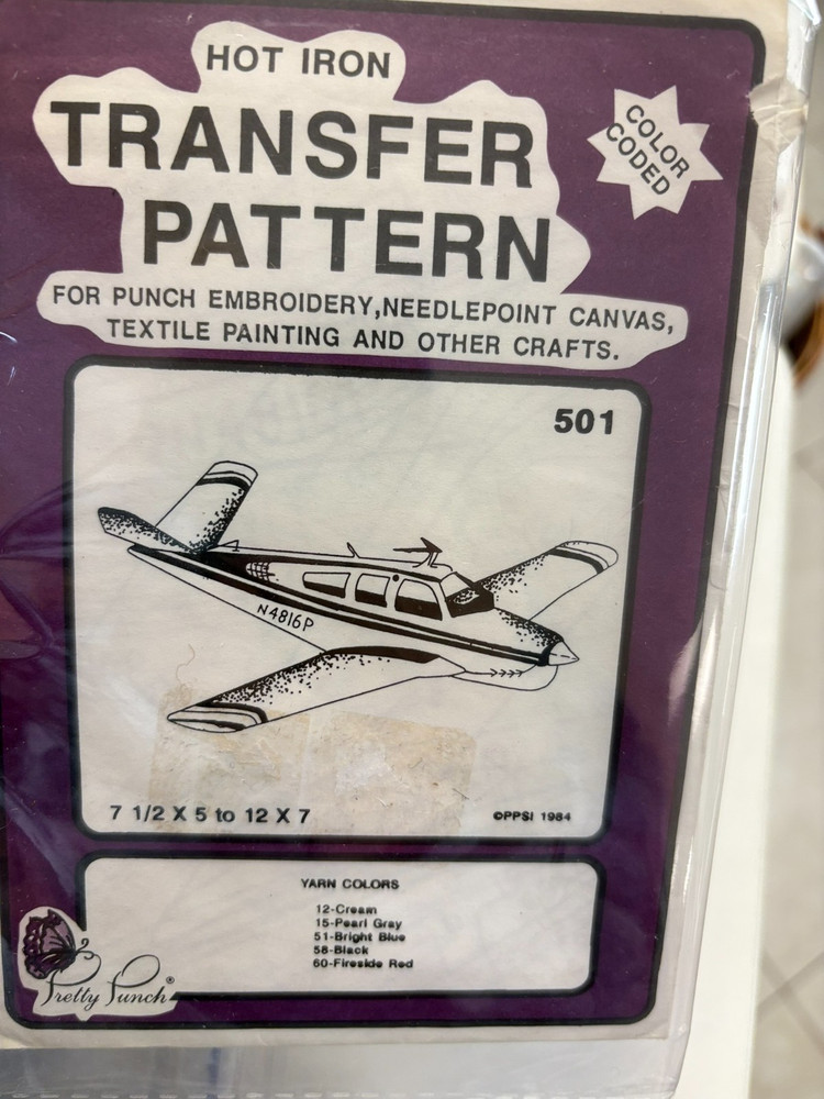 Pretty PUnch Hot Iron-On Transfers #501 for embroidery, 7.5x5 to 12x7 AIRPLANE
