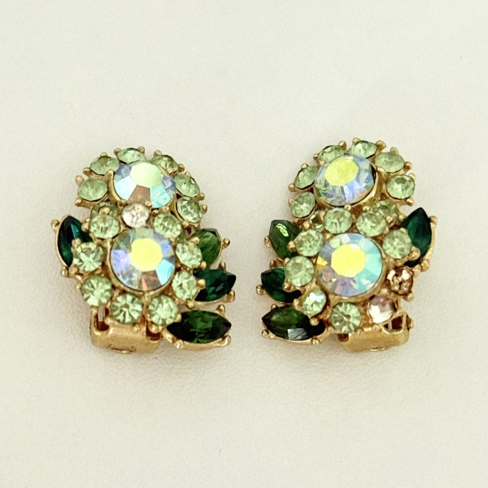 Vintage Crown Trifari Signed Green AB Rhinestone Gold Tone Leaf Clip On Earrings