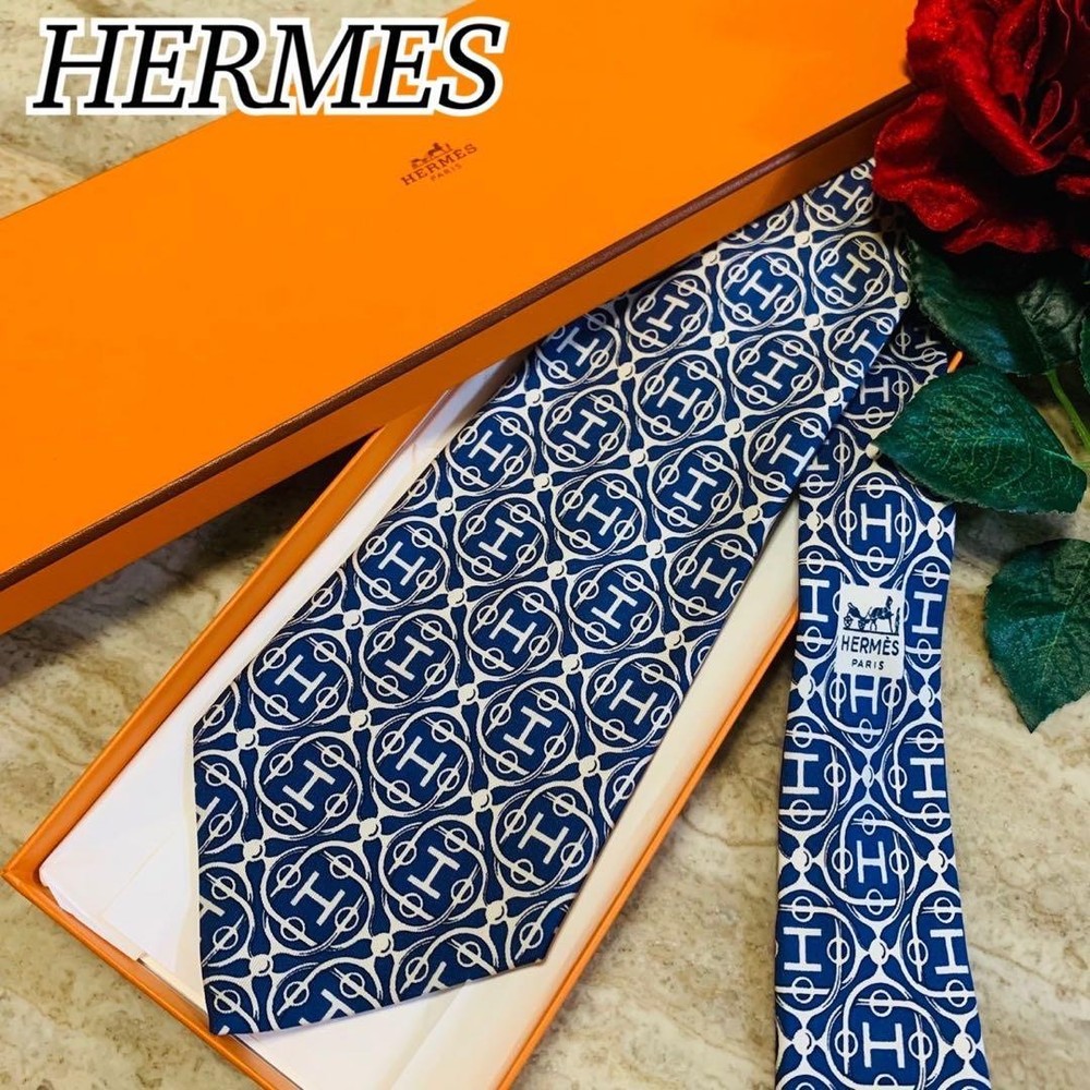 HERMES Necktie Tie All over H Logo pattern 100% Silk Blue Men's Made in France