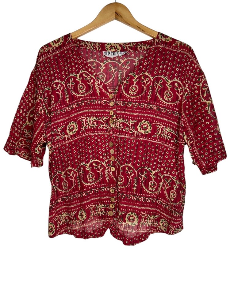 Tip Top Crop Women M Button Down Shirt Adjustable Tie Back Baroque VTG Retro Y2K