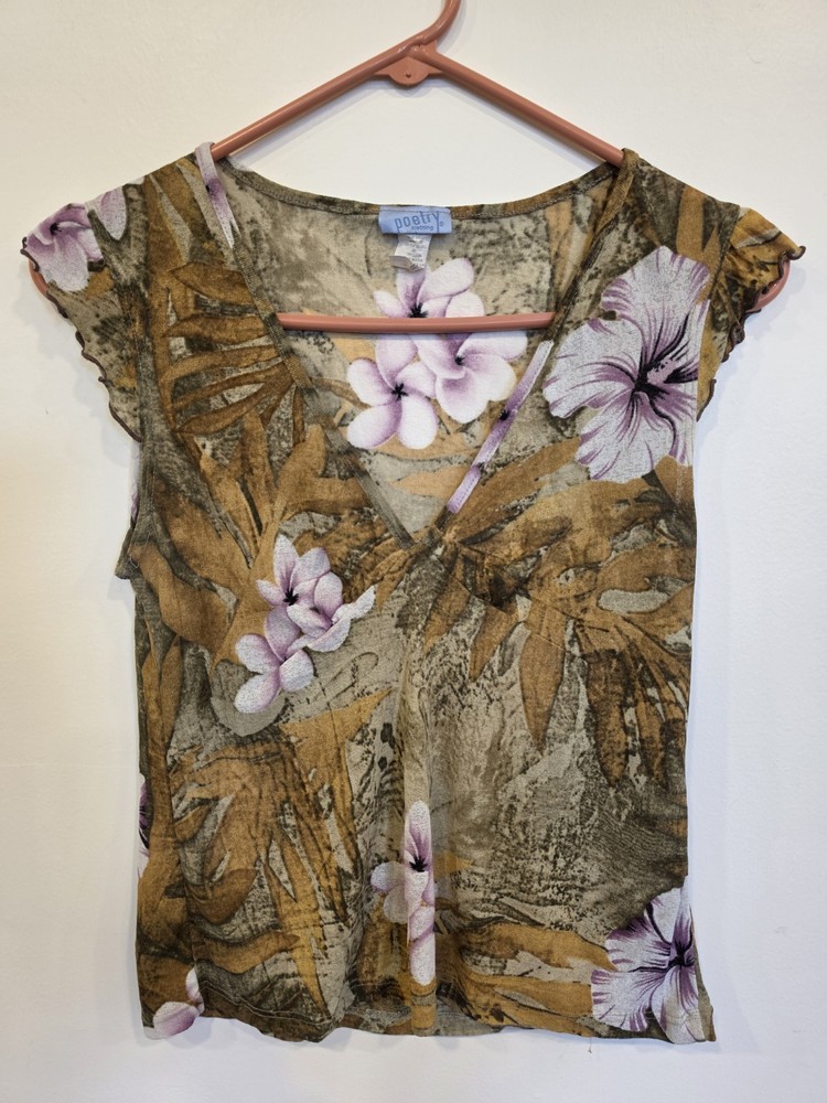 Poetry Floral Mesh Top Women's Small Fairy Grunge Goblin Boho Y2K Sheer
