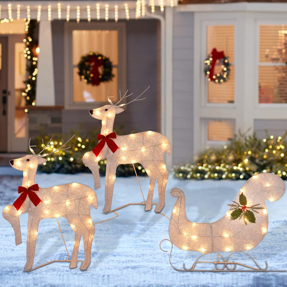 WATERGLIDE Set of 3 Lighted Christmas 2D Reindeers Outdoor Decorations, 23 Inch