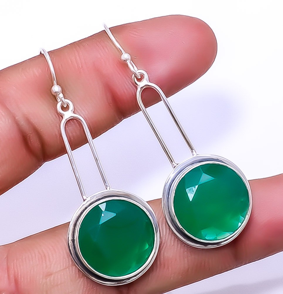 Simulated Emerald 925 Sterling Silver Handmade Dangle Earrings 2.15 Inch