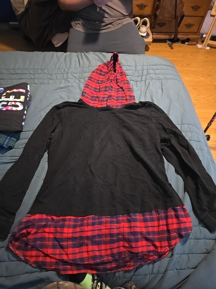 Jr Black Pullover With Red Plaid On Hood And Trimming Size 3x