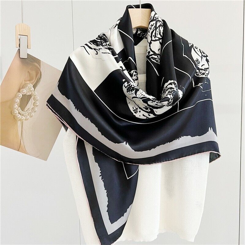 Camellia Print Black Mulberry Satin Silk Scarf Shawl 42 Inch Square