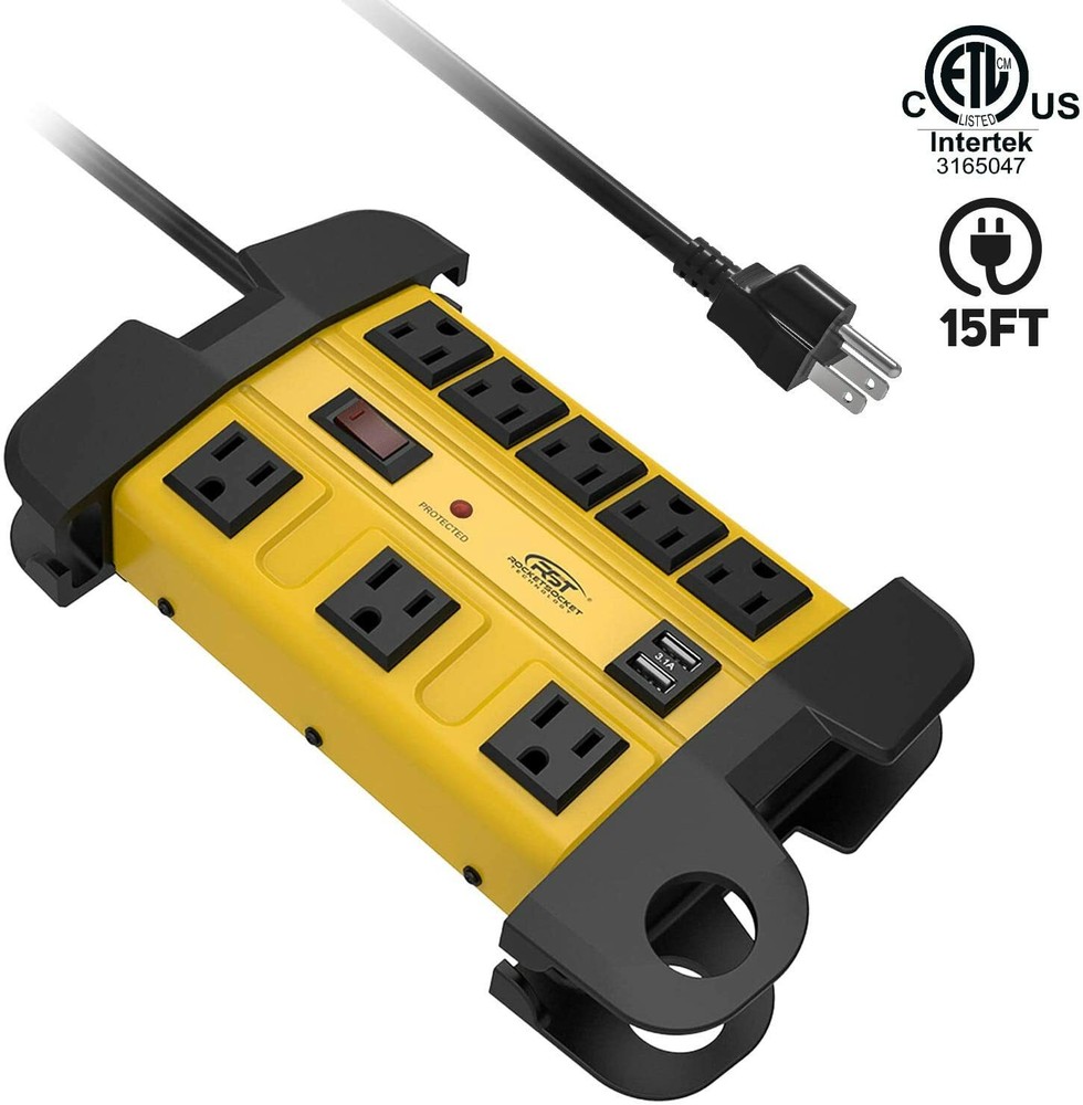 CRST 8 Outlets Heavy Duty Power Strip With 2 USB 1350J Surge Protector 15FT Cord