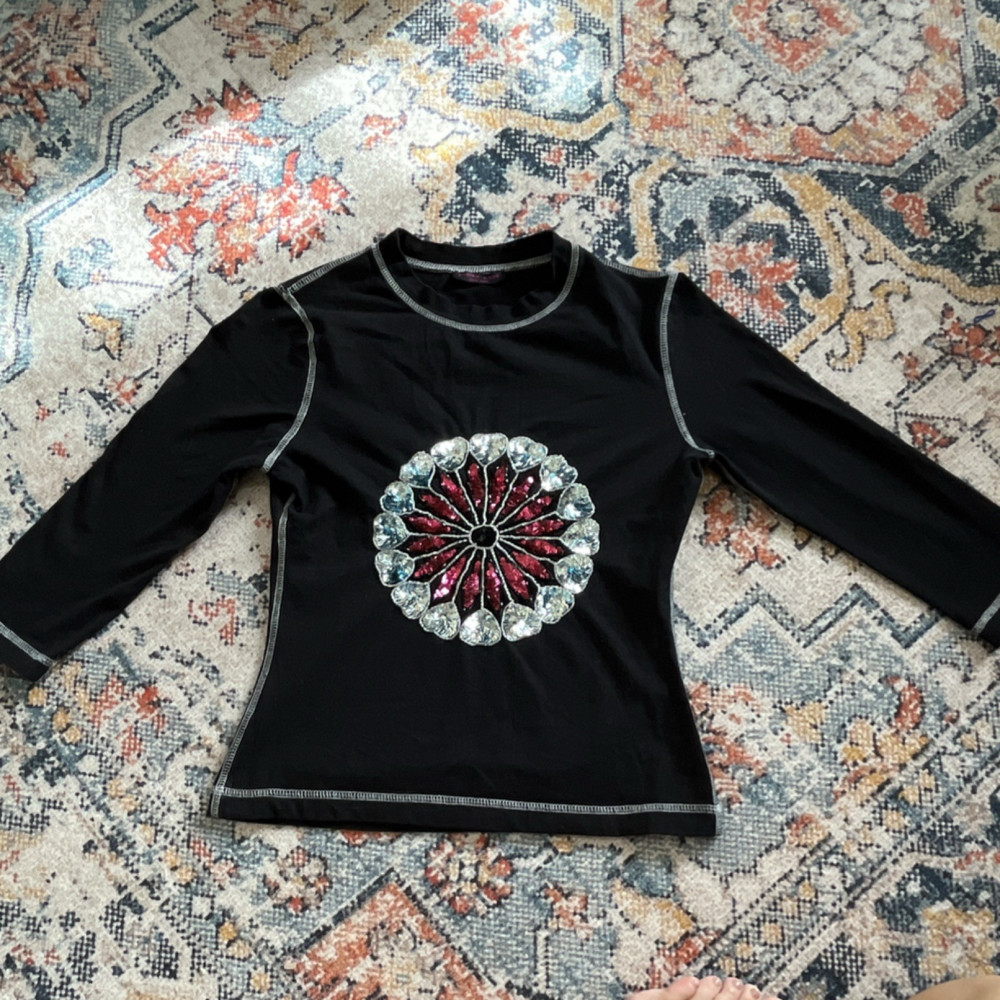 Kanika Cruz Girls S Black Crew Neck Long Sleeve Sequin Embroidered Stretch Tee