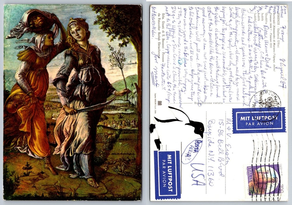 Judith & Holofernes Botticelli Florence Italy Vintage Postcard 1987 Posted