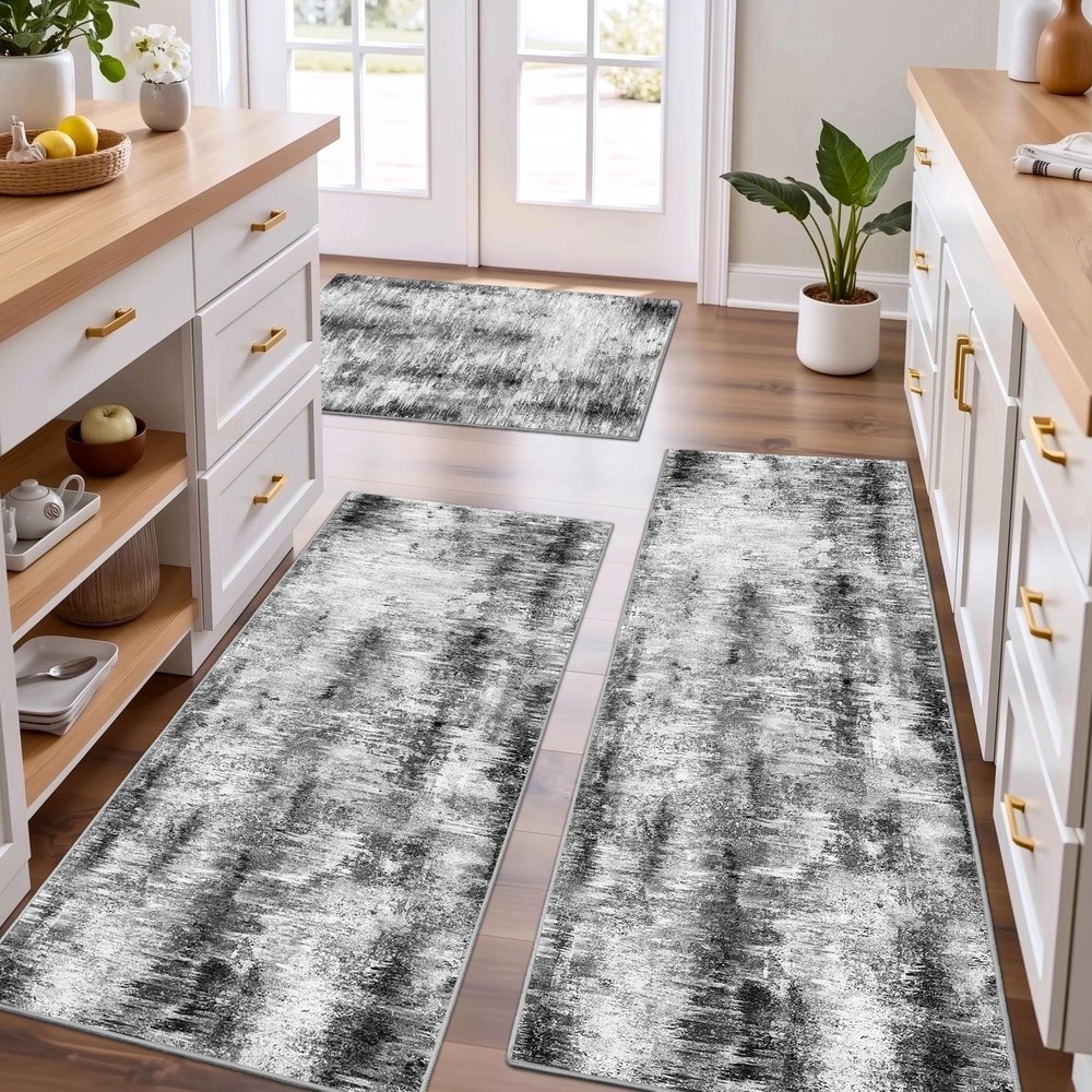 Non-Slip Washable Kitchen Rugs Set of 3 Abstract Design Floor Mats  -image