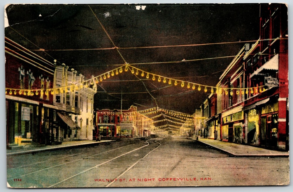 Walnut Street at Night, Coffeyville, Kansas 1910 - Postcard
