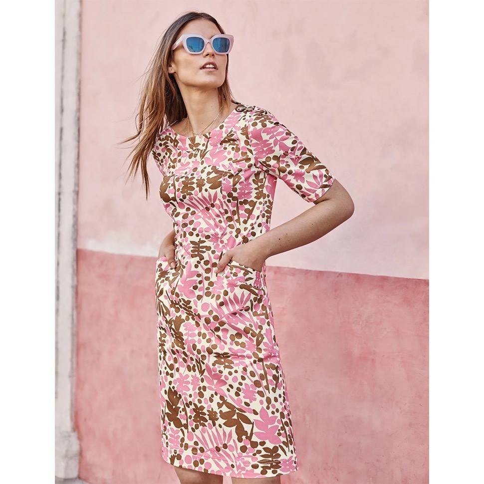 Boden Iona Pink Brown Floral Cotton Knee Length Dress 6R Boho, Botanical, Retro
