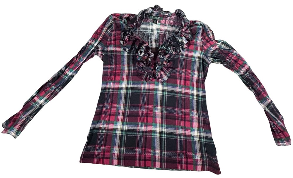 Lauren by Ralph Lauren Plaid Ruffle Shirt womens size L