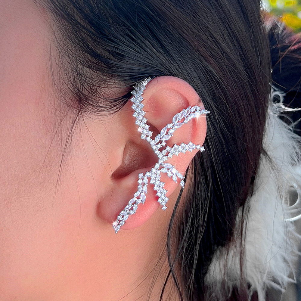 Shiny Silver Plated Zircon Big Symmetrical Earrings Stud Ear Cuff Bridal Jewelry