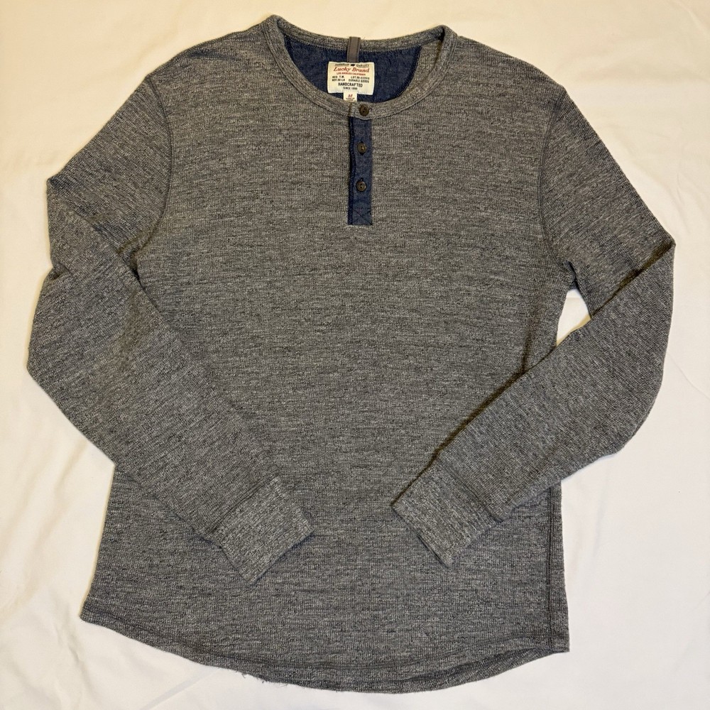 Lucky Brand Men Henley Waffle-Knit layering Gray Blue M Cotton Blend Long Sleeve