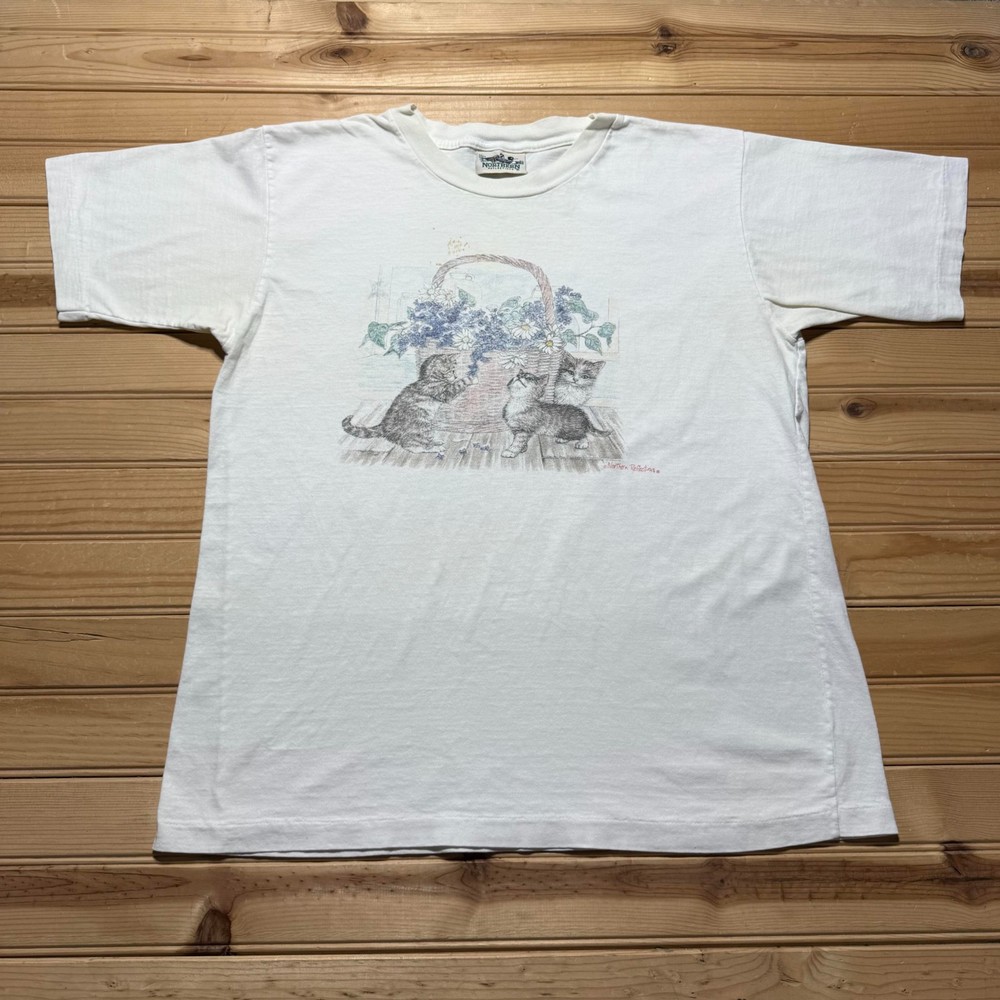 Vintage 90s Kittens Flowers Basket Nature Animals Pets Graphic T-Shirt - Large