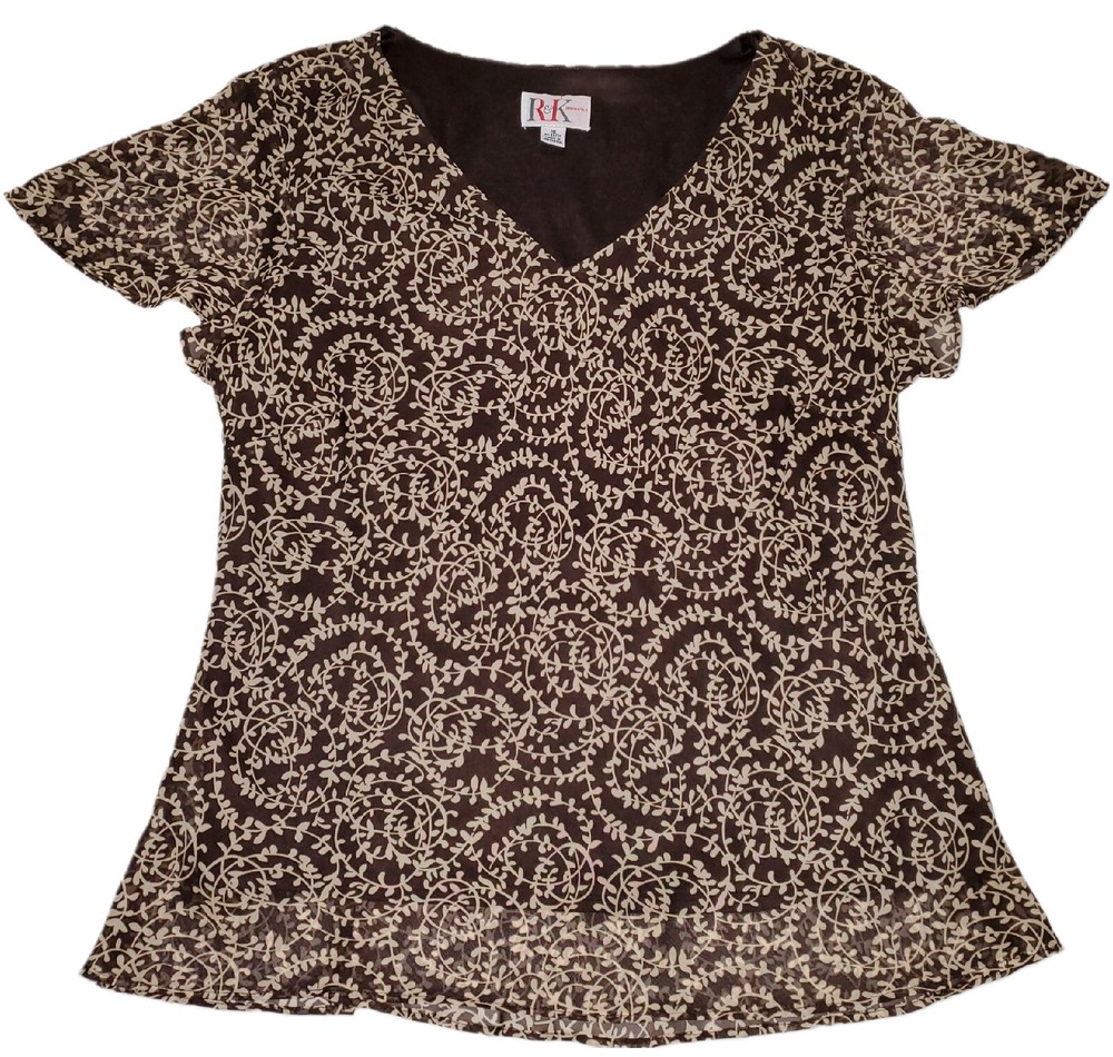 R&K Originals Brown & Tan Floral Lined Sheer Short Sleeve Blouse Women's Size 16