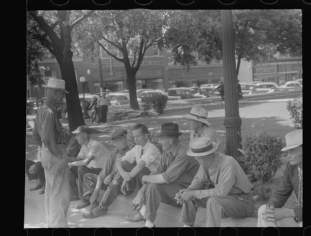Photo:Small Town Main Street Men Hats 1930s Street Scene Park Bench