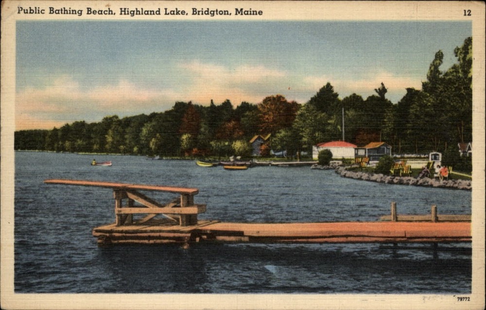 Bridgton Maine Highland Lake Public Bathing Beach diving board 1950 postcard