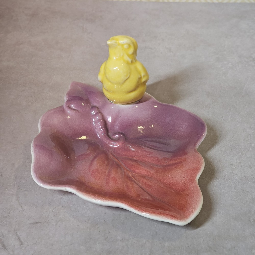 Vintage 1950s Royal Copley - Yellow bird sitting on pink leaf trinket dish