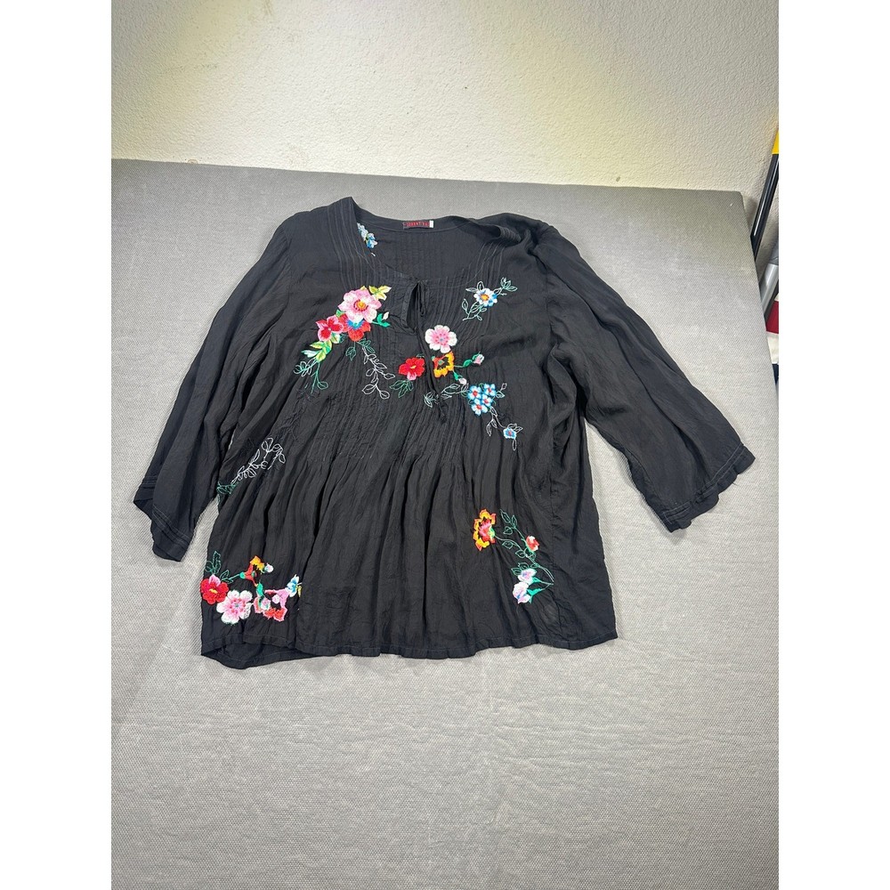 Johnny Was Womens 3X Black Embroidered Cupra Rayon Floral Peasant Blouse Top