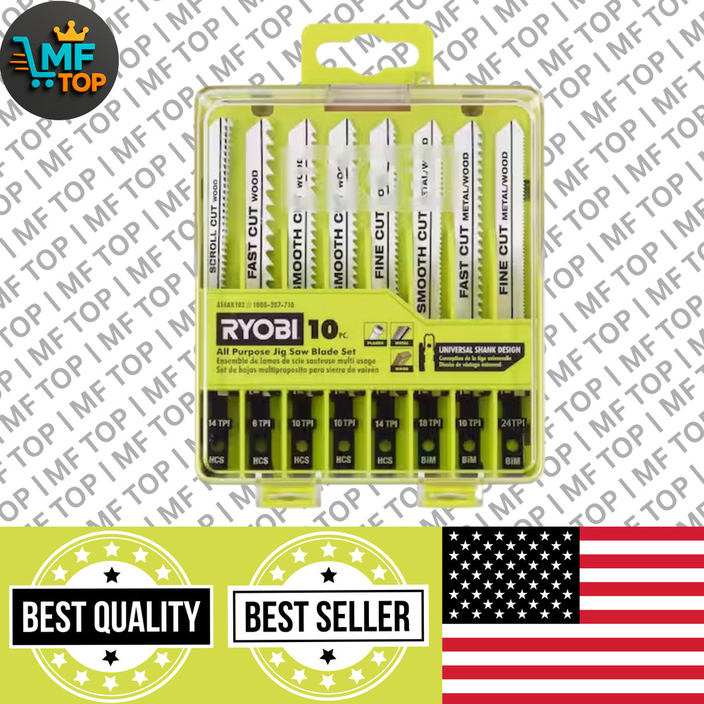 (10-Piece) Ryobi Jig Saw Blade Set, All Purpose, Universal, Wood Plastic Metal