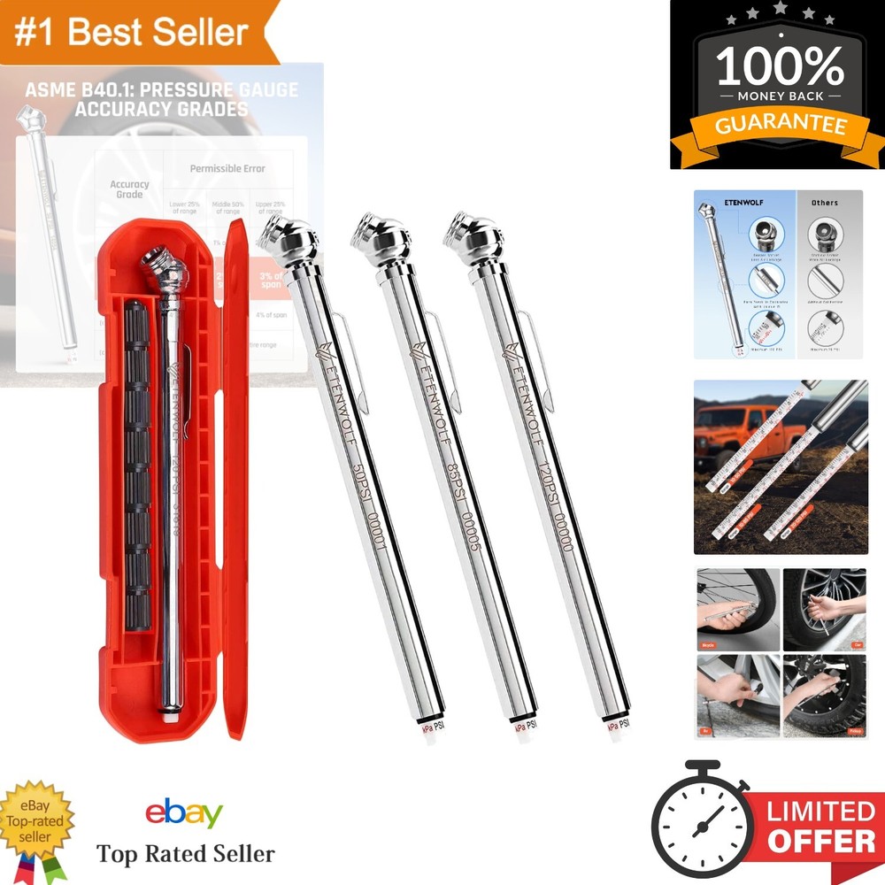 Precision Pencil Tire Pressure Gauge Set (3 Pack) with 16 Tire Caps Included