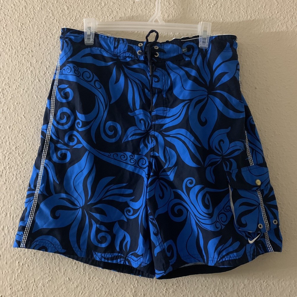 NIKE 90s Vintage Black Blue Floral Mesh Lined Spell Out Swim Shorts Size XL