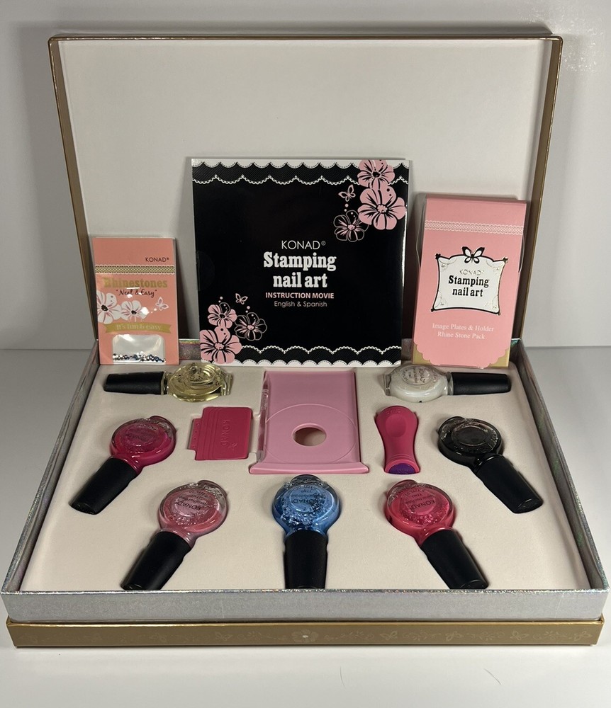 Konad Stamping Nail Art Gold Set 7 Polish Set W/Plates, Holder, OPEN BOX