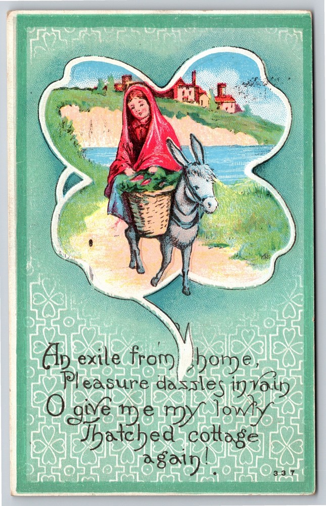 Greetings~Girl On Donkey in Clover Exile From Home Poem~Vintage Postcard