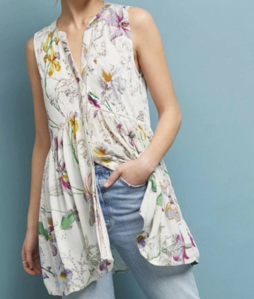 Anthropologie Floral Nia Tunic Top Floaty Sleeveless Rayon Stretch Size L