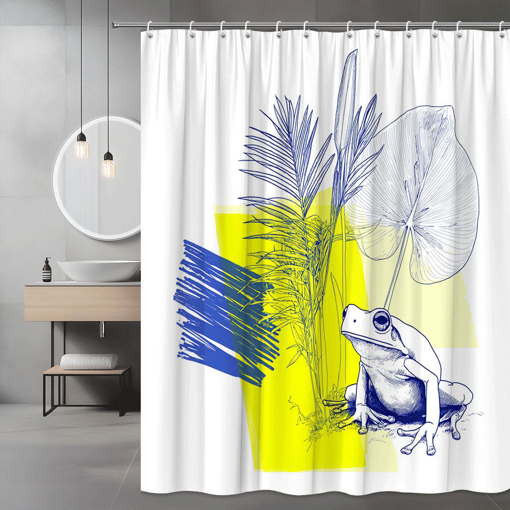 Frog Botanical Graphic Shower Curtain Blue Yellow Print