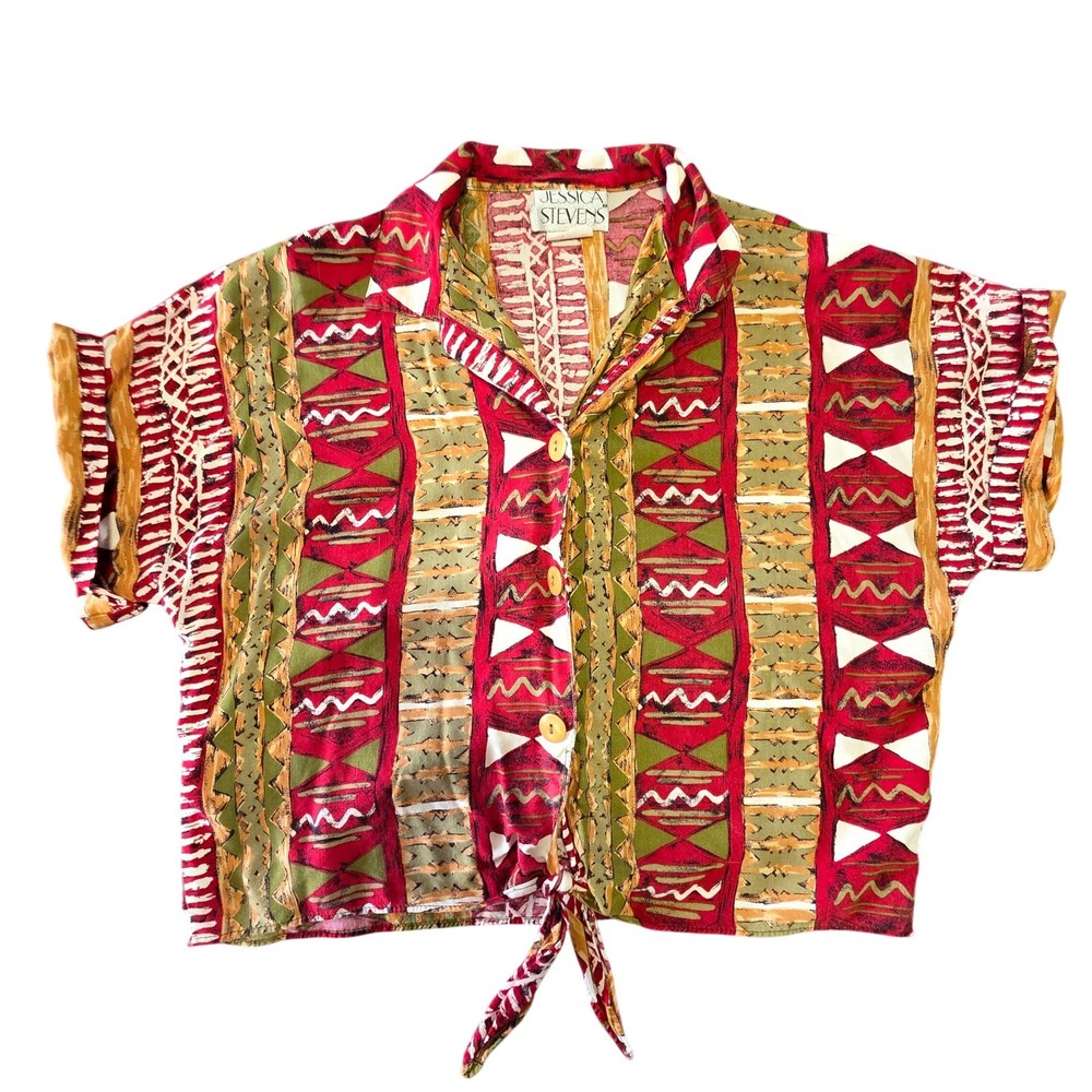 Vintage 90s Geometric Tribal Print Tie Front Shirt Red Large Tropical Crop Top