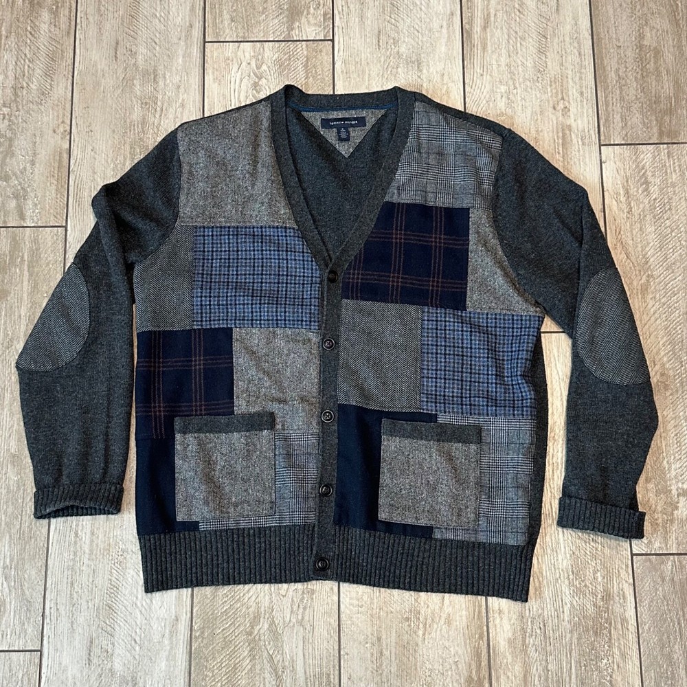 Tommy Hilfiger Men's XL Gray Blue Wool Blend Cardigan with Elbow Patches