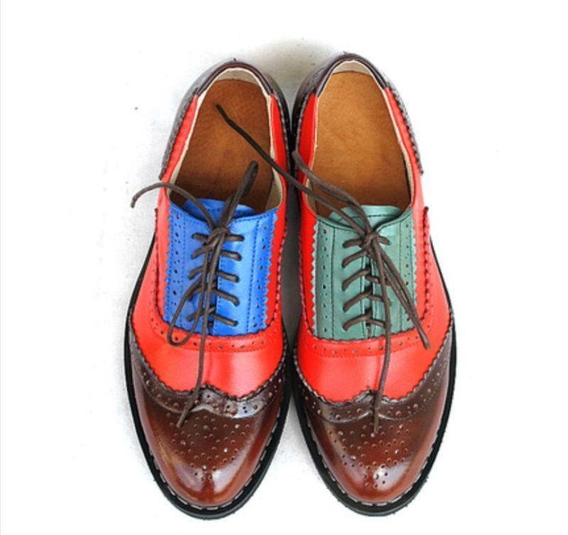 New Women Brogue Carved Lace Up Shoes Oxfords Round Toe Hollow Out Colorful
